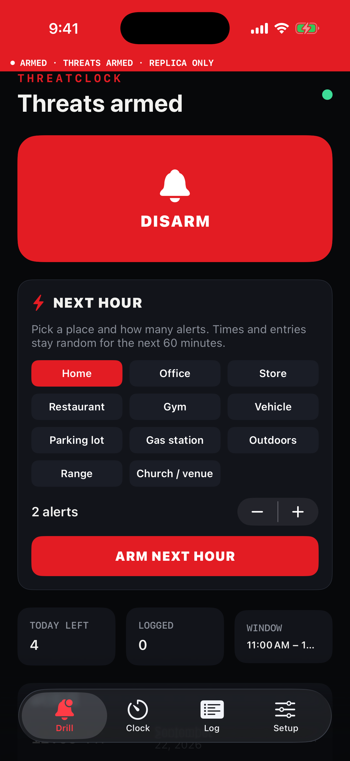 ThreatClock iPhone screen with threats armed and the next-hour controls