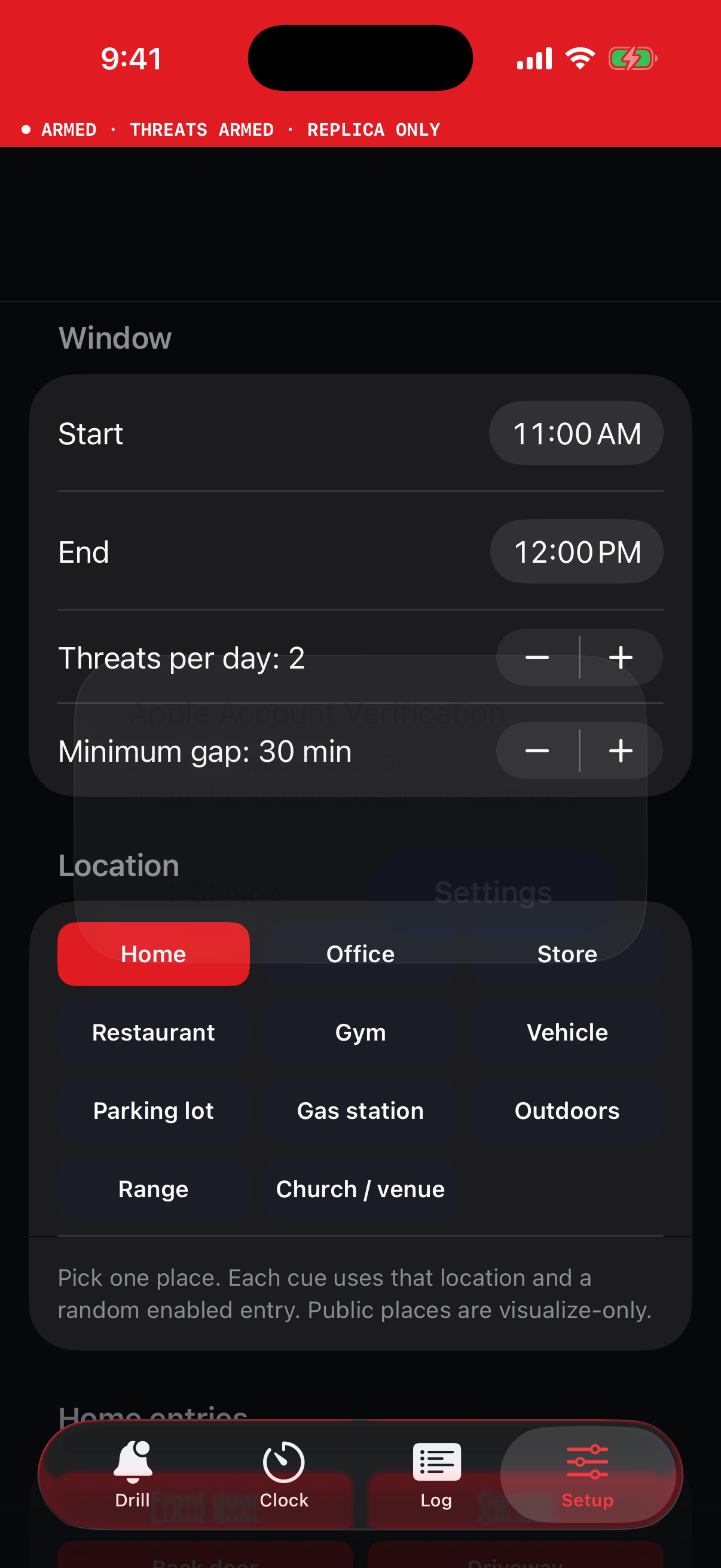 iPhone setup for the daily window, threat count, and location